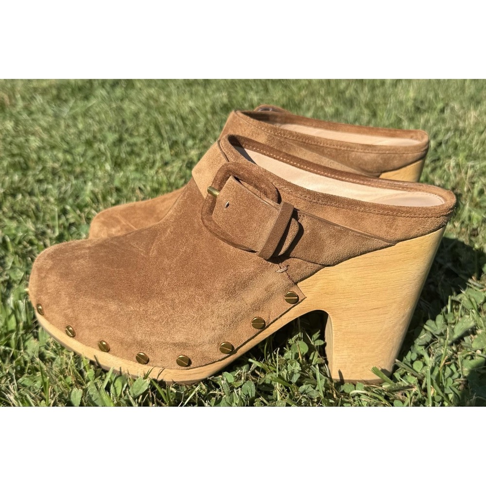 Veronica Beard Dacey Suede Wooden Clog Mule Camel Brown Studded Buckle Heel 8.5M - Picture 2 of 13